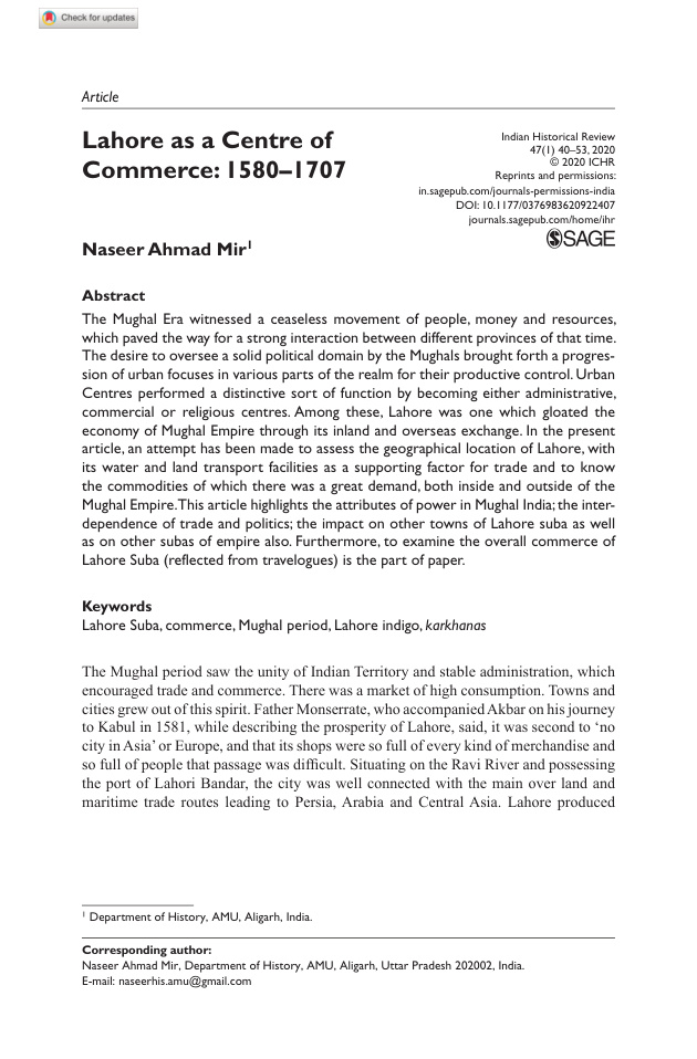 Lahore as a Centre of Commerce: 1580–1707