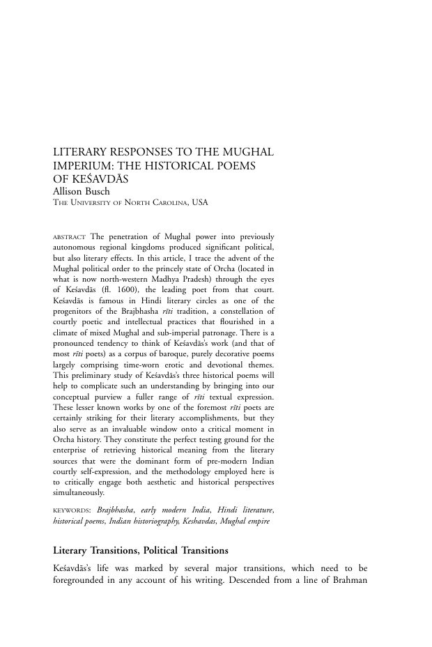 Literary Responses to the Mughal Imperium: The Historical Poems of Keśavdās
