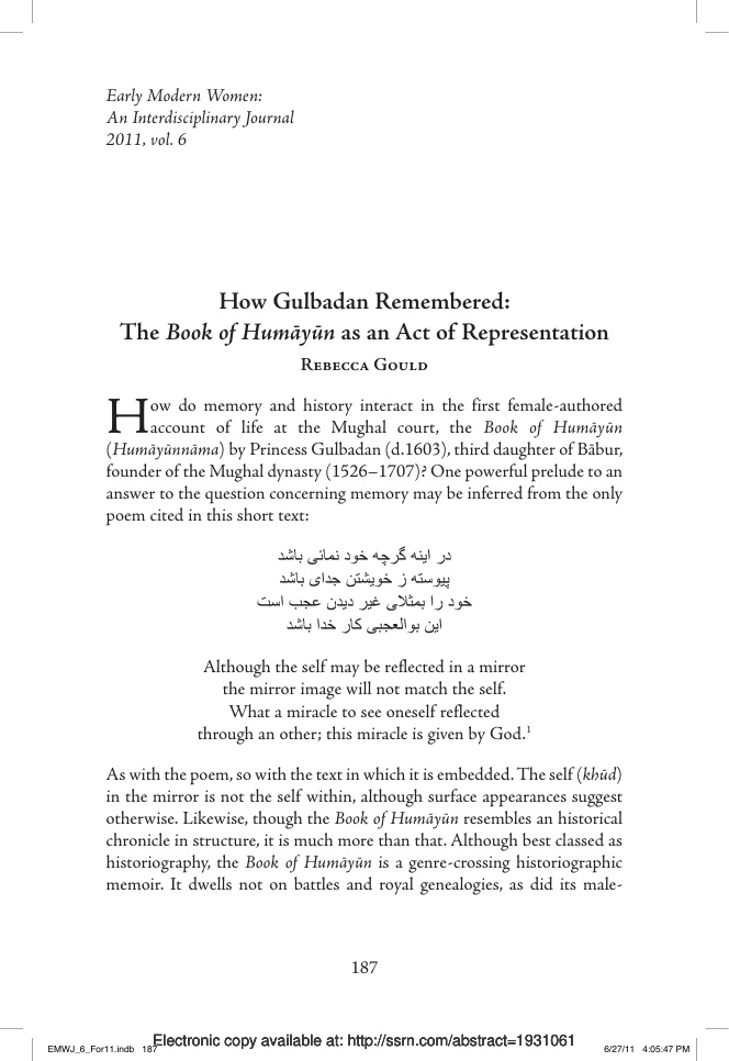 How Gulbadan Remembered: The Book of Humāyūn as an Act of Representation