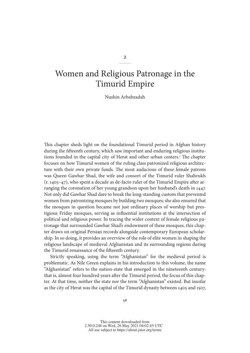 Women and Religious Patronage in the Timurid Empire
