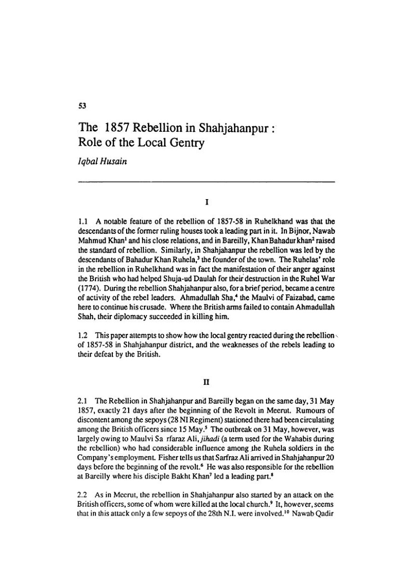 The 1857 Rebellion in Shahjahanpur : Role of the Local Gently