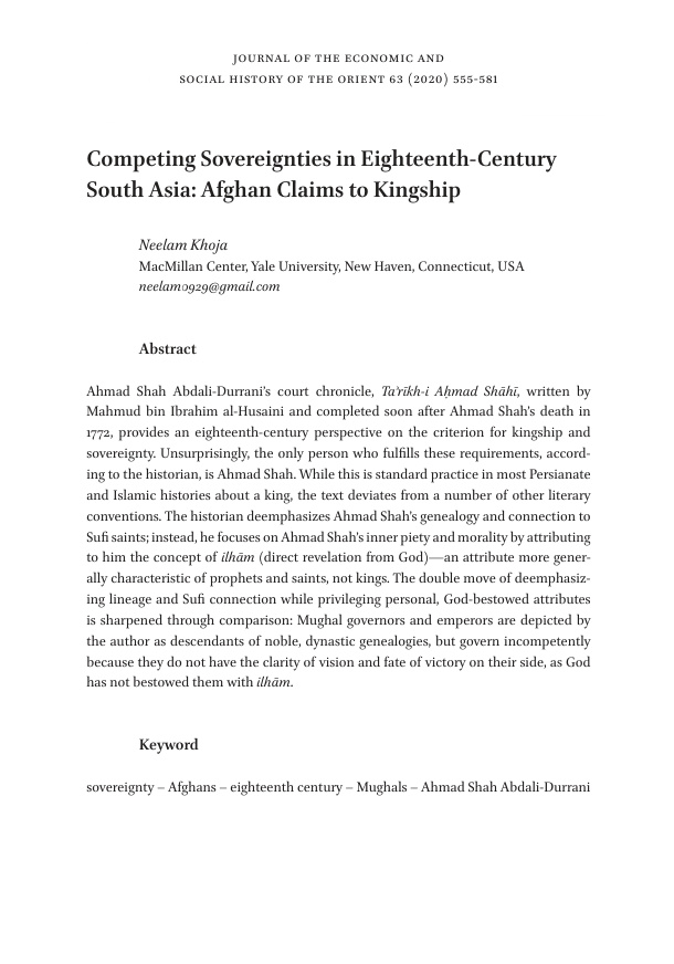 Competing Sovereignties in Eighteenth-Century South Asia: Afghan Claims to Kingship