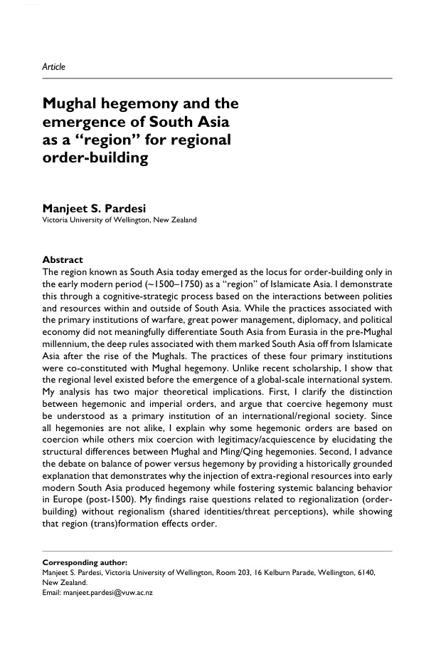 Mughal hegemony and the emergence of South Asia as a “region” for regional order-building