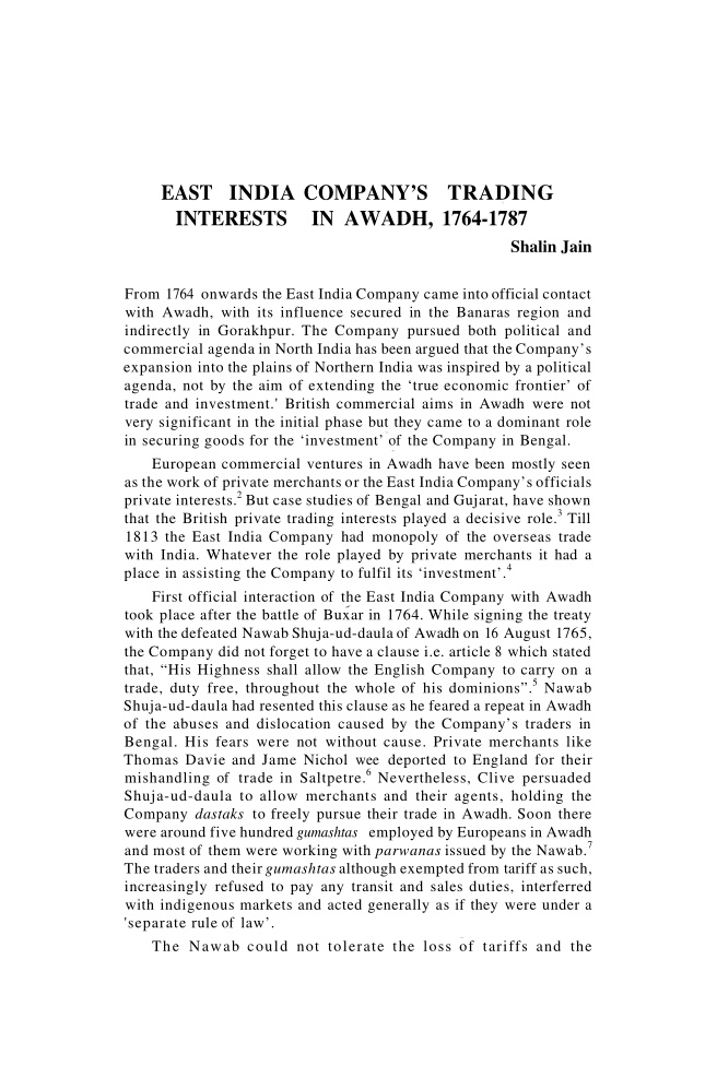 EAST INDIA COMPANY'S TRADING  INTERESTS IN AWADH, 1764-1787